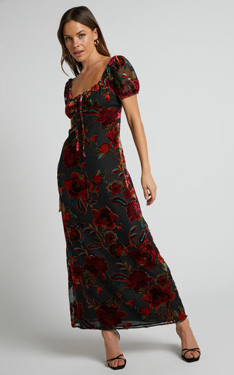 Natachia Midaxi Dress - Puff Sleeve Burnout Dress in Black Floral