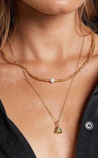 Ambertha Layered Triangle Pendant Pearl Chain Necklace in Gold