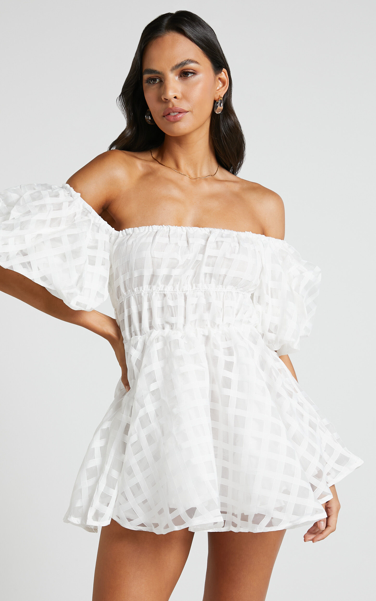 Paloma Mini Dress - Off Shoulder Puff Sleeve Textured Net Dress in White - 06, WHT2