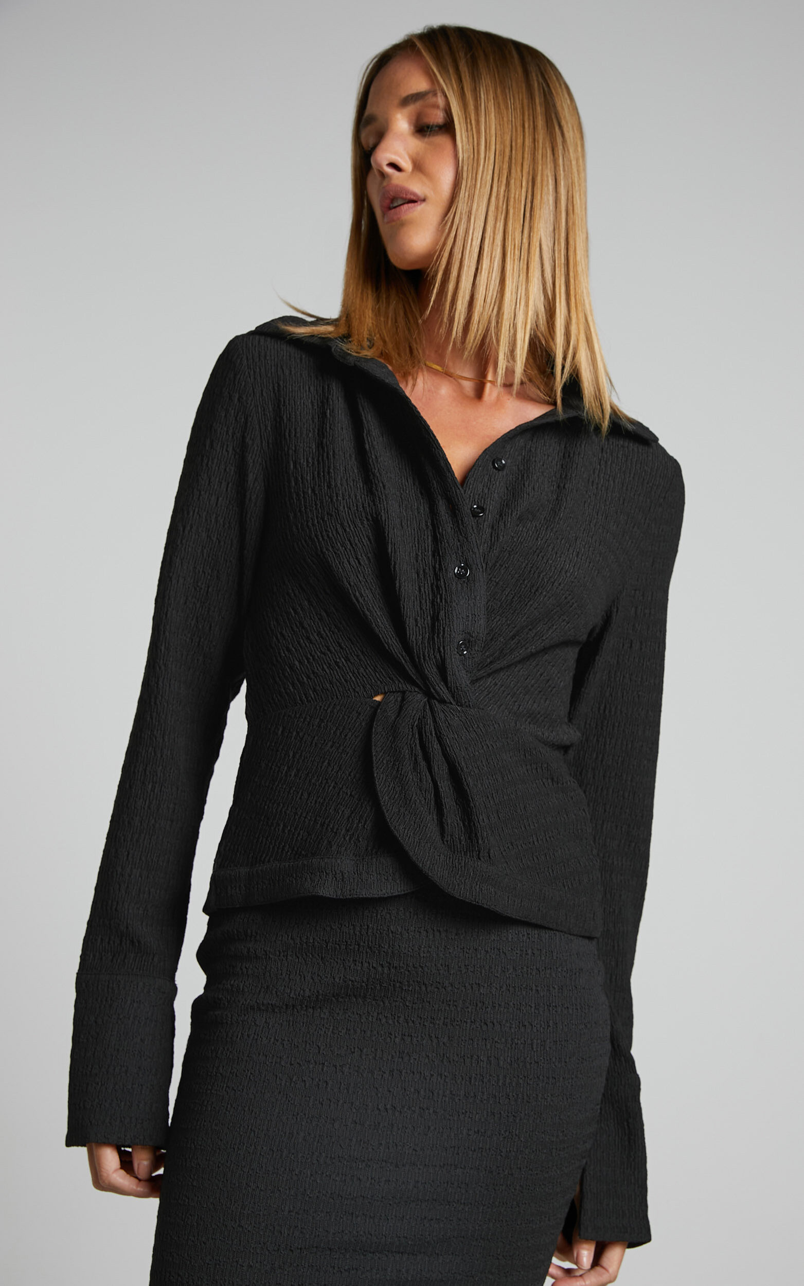 Althea Top - Knot Front Long Sleeve Top in Black - 06, BLK1
