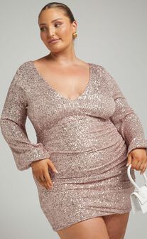 Koko Long Sleeve Plunge Neck Sequin Mini Dress in Champagne