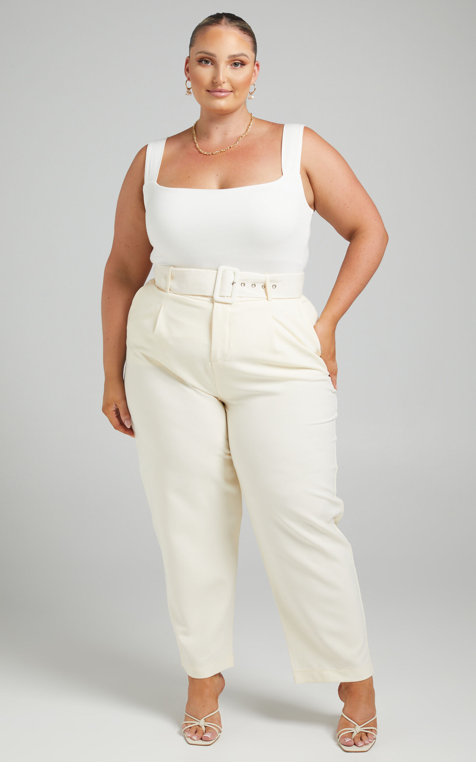 Royce Belted High Waisted Pants in Off White - 04, WHT1, super-hi-res image number null