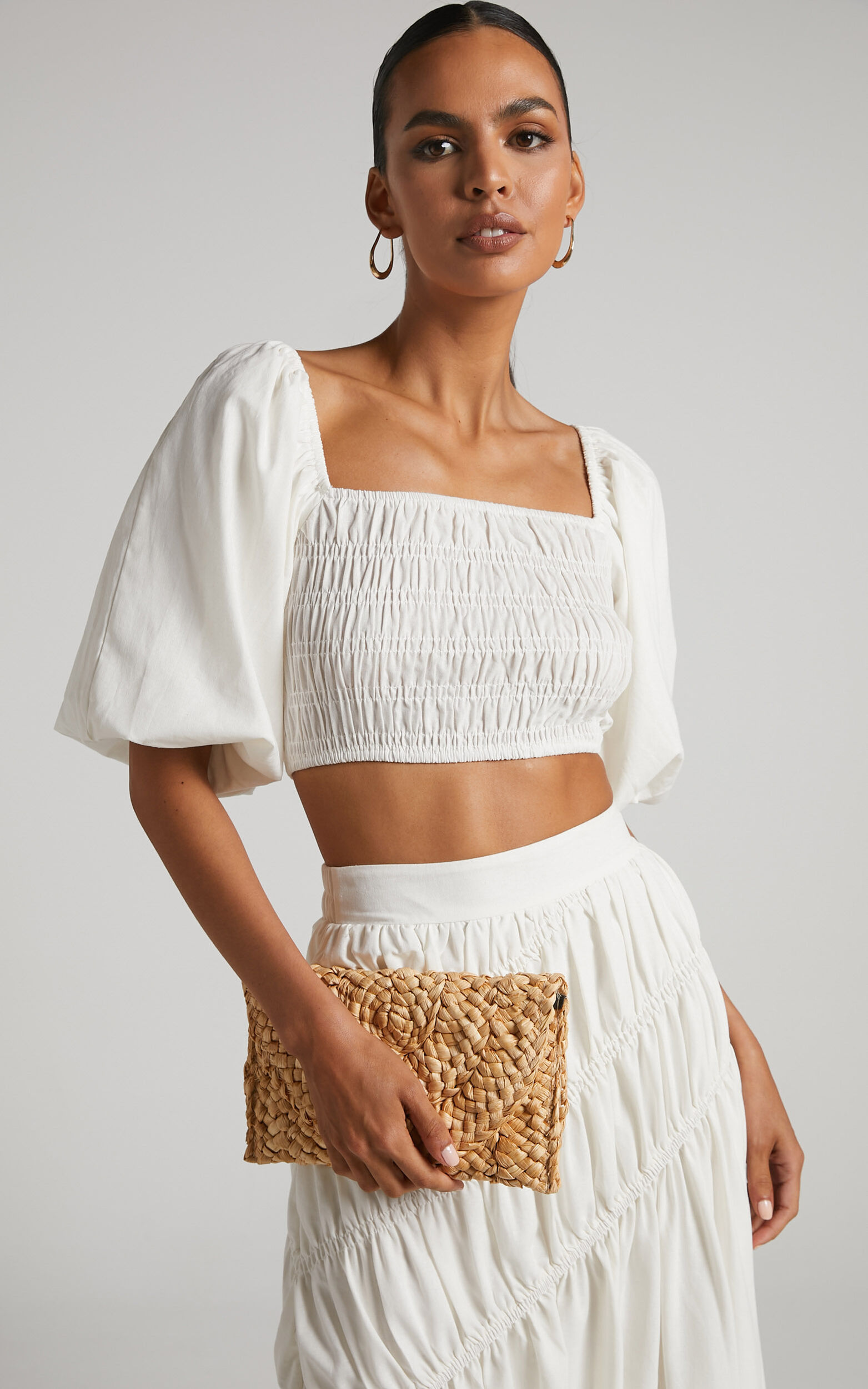 Elina Crop Top - Linen Shirred Puff Sleeve Top in White - 06, WHT1