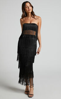 Amalee Two Piece Set - Fringe Strapless Crop Top and Midi Skirt Set in Black