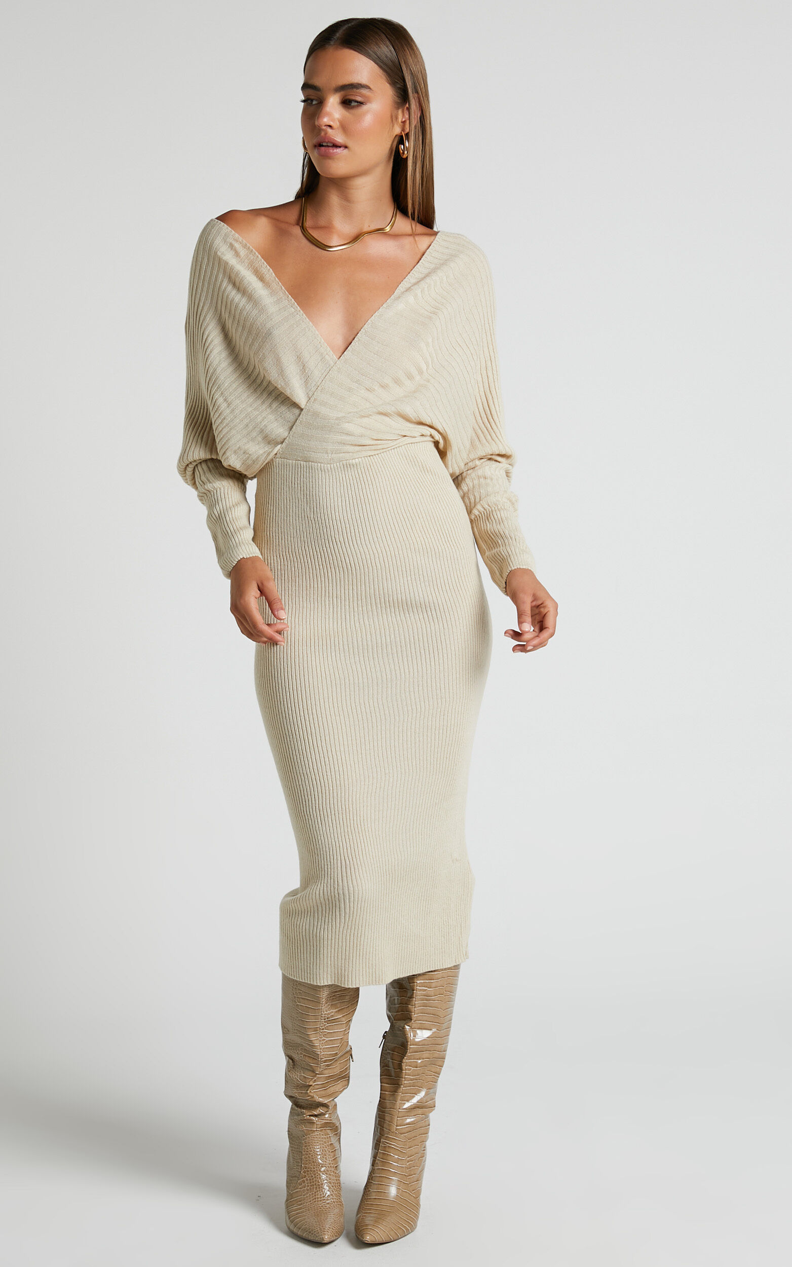 Sheika Midi Dress - Long Sleeve Off Shoulder Knit Dress in Stone - 04, NEU2