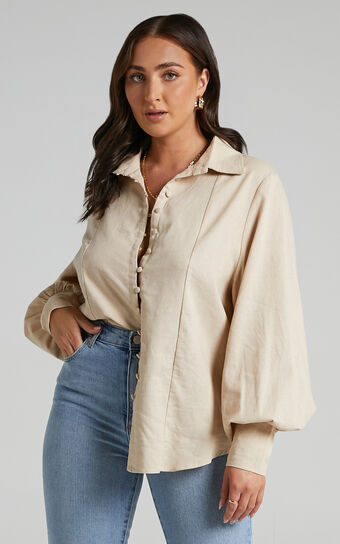 Kiva Blouse - Long Sleeve Button Up Blouse in Beige