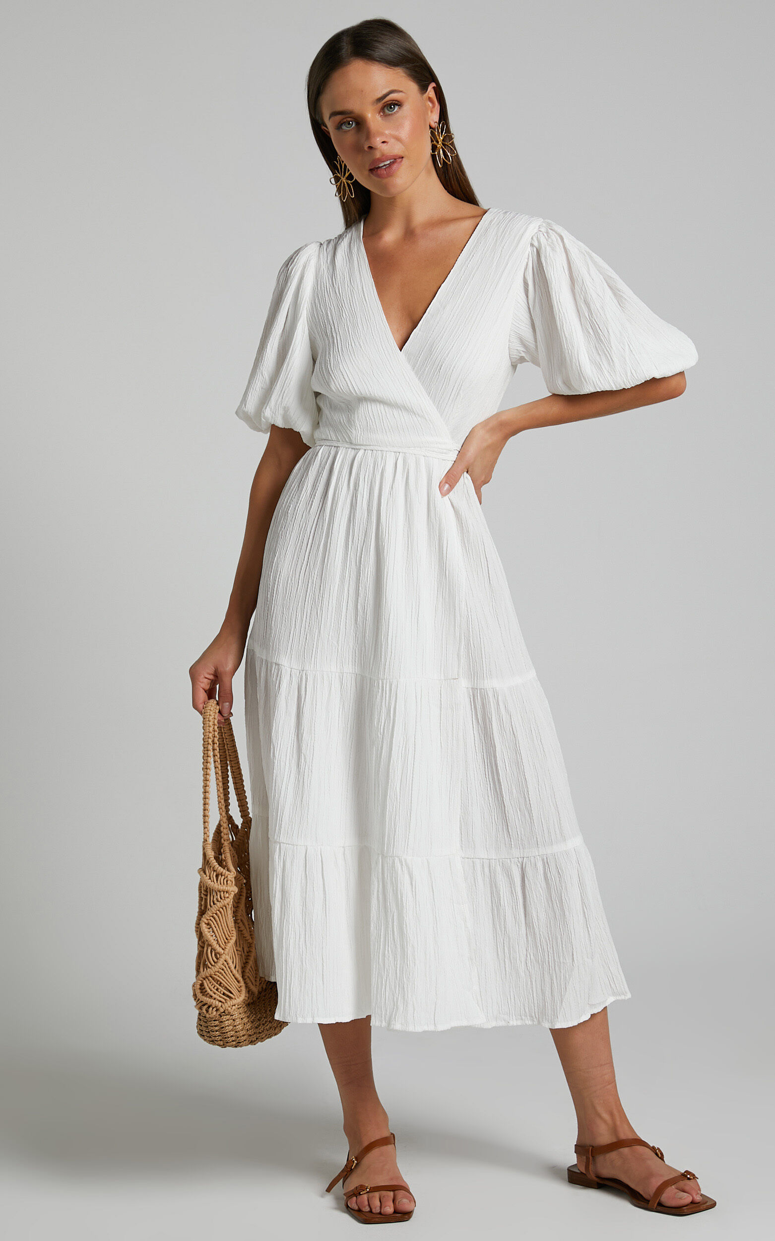 Junmae Tiered Waffle Wrap Midi Dress in Ivory - 04, WHT1, super-hi-res image number null