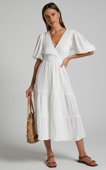 Junmae Tiered Waffle Wrap Maxi Dress in Ivory