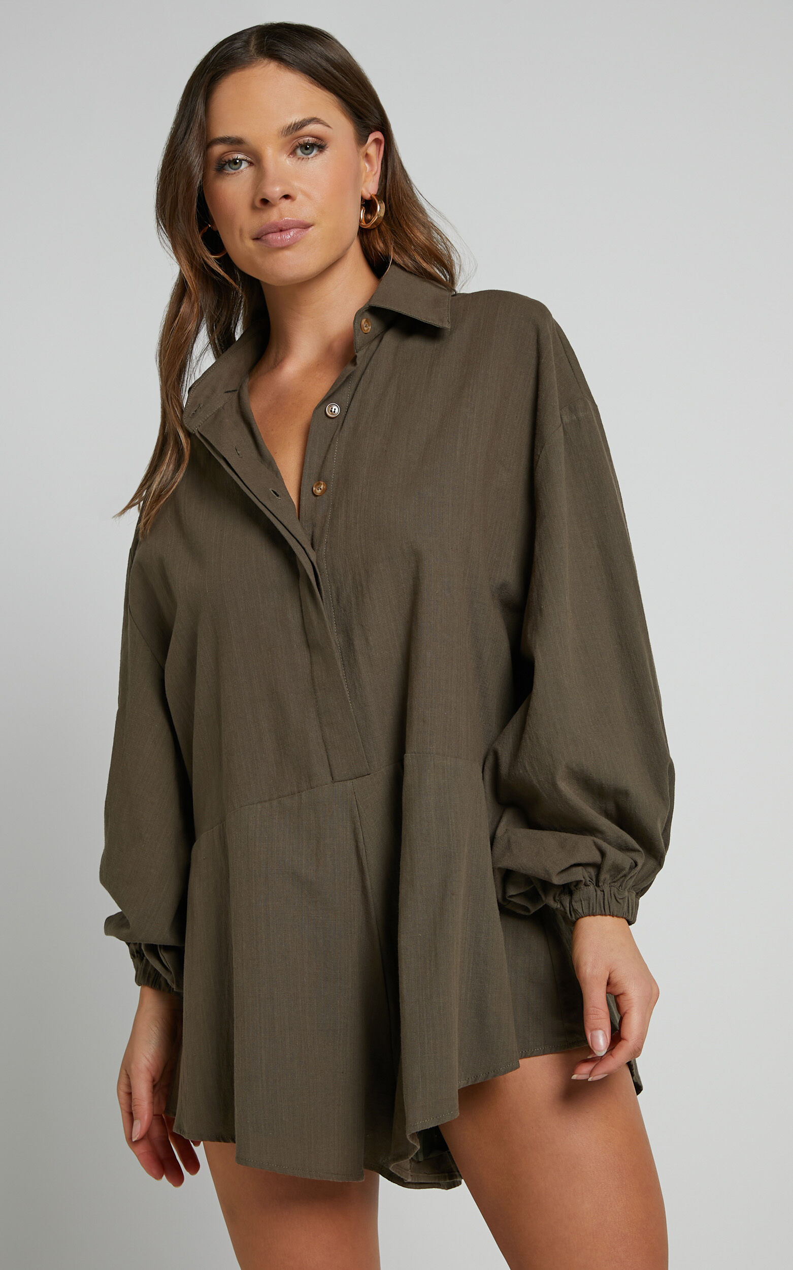 Anka Playsuit - Relaxed Button Front Shirt Playsuit in Khaki - 04, GRN6, super-hi-res image number null