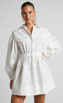 Adanny Long Puff Sleeve Mini Shirt Dress in White