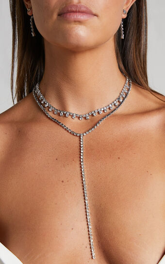 Kaguya Layered Diamante Drop Necklace in Silver