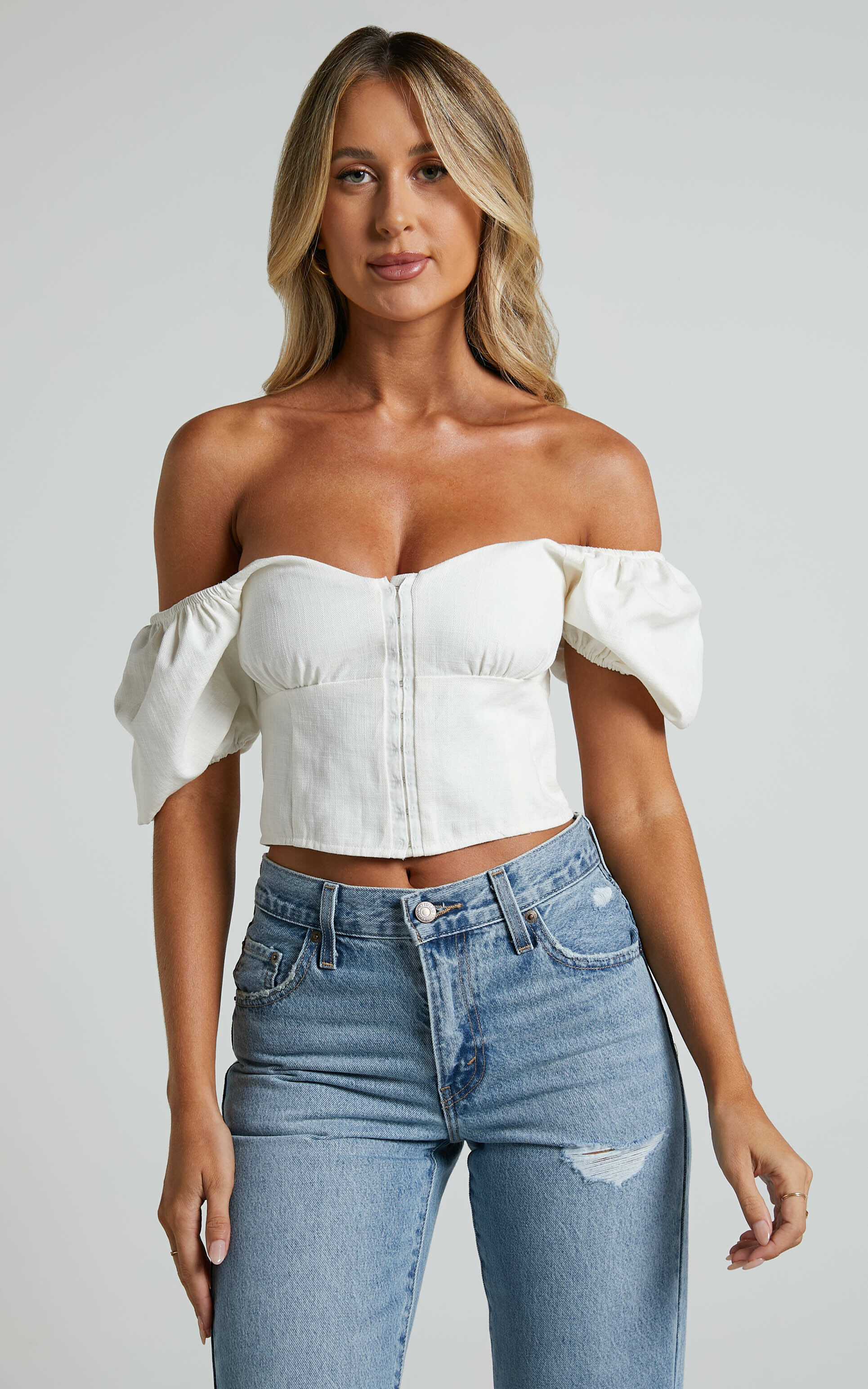 Braxia Puff Sleeve Off Shoulder Corset Top in White - 06, WHT1, super-hi-res image number null