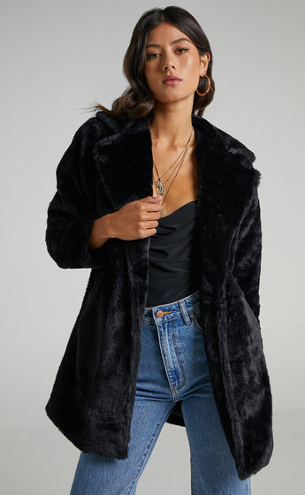 Leaning On You Coat in Black Faux Fur