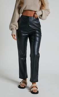 Azelia Mid Rise Cropped Faux Leather Pant in Black