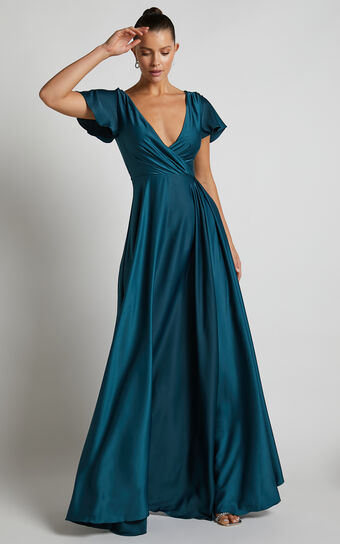 Bridgette Flutter Sleeve V-Neck Wrap Maxi Dress in Emerald