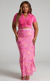 Anatolia Printed Mesh Thigh Split Maxi Skirt in Pink Swirl