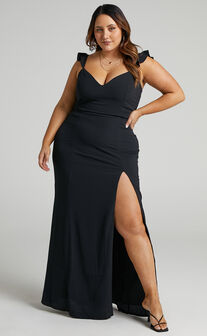 More Than This Midaxi Dress - Ruffle Strap Thigh Split Dress in Black