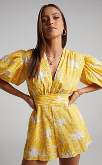Ailiza Playsuit - V Neck Puff Sleeve Playsuit in Yellow Floral