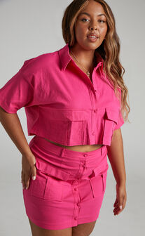 Navine Button Front Crop Top and Cargo Pocket Mini Skirt Two Piece Set in Hot Pink