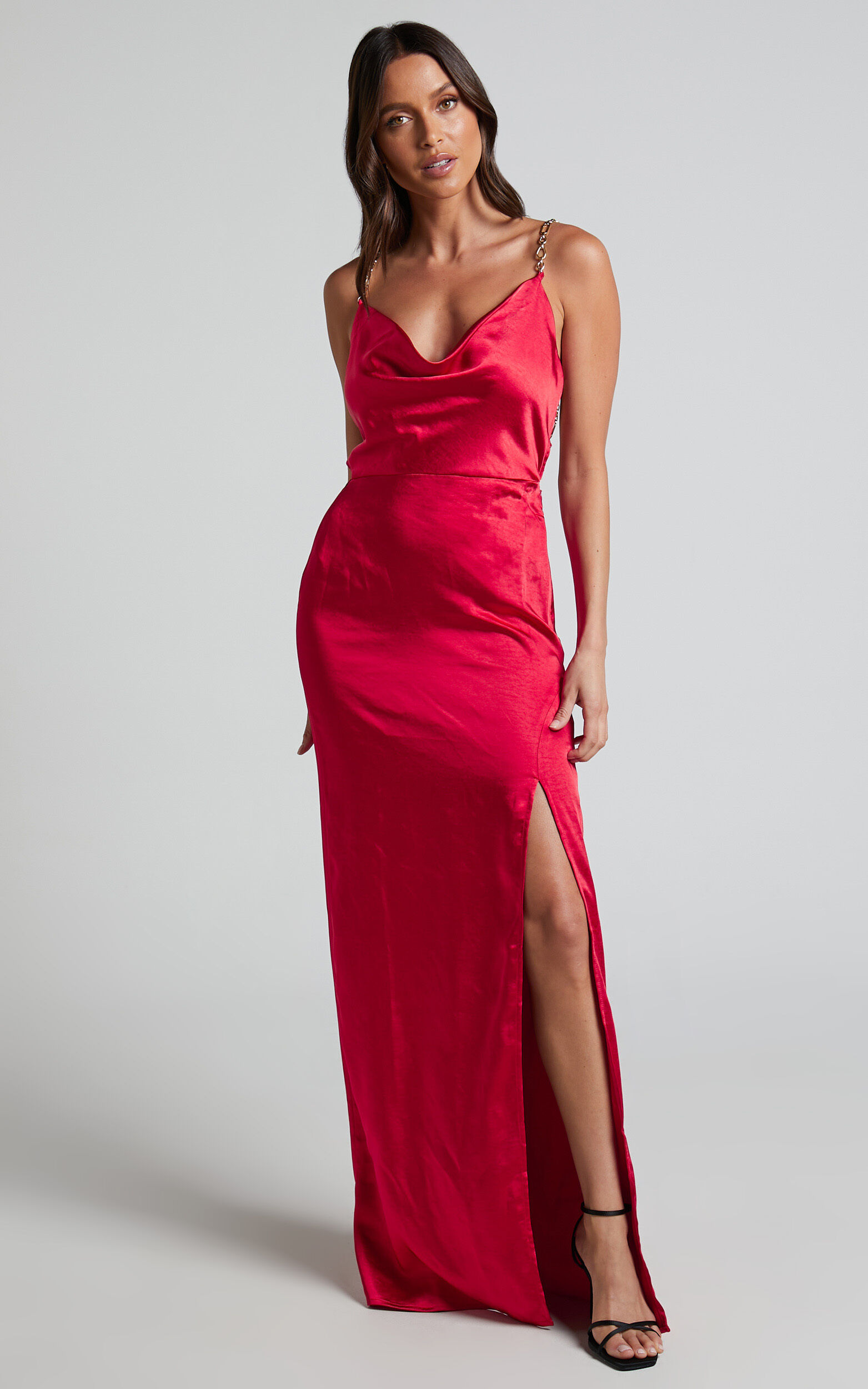 Bravia Maxi Dress - Chain Strap Open Back Satin Dress in Red - 06, RED2
