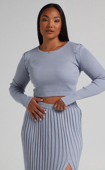 Isador Button Detail Knit Top in Steel Blue