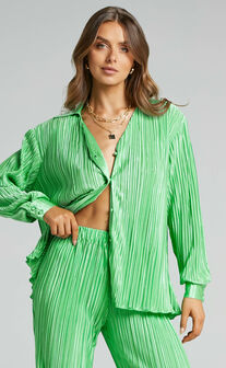 Beca Plisse Button up Shirt in Bright Green