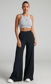 Amalthea - High Waisted Wide Leg Pant in Jersey Rib in Black