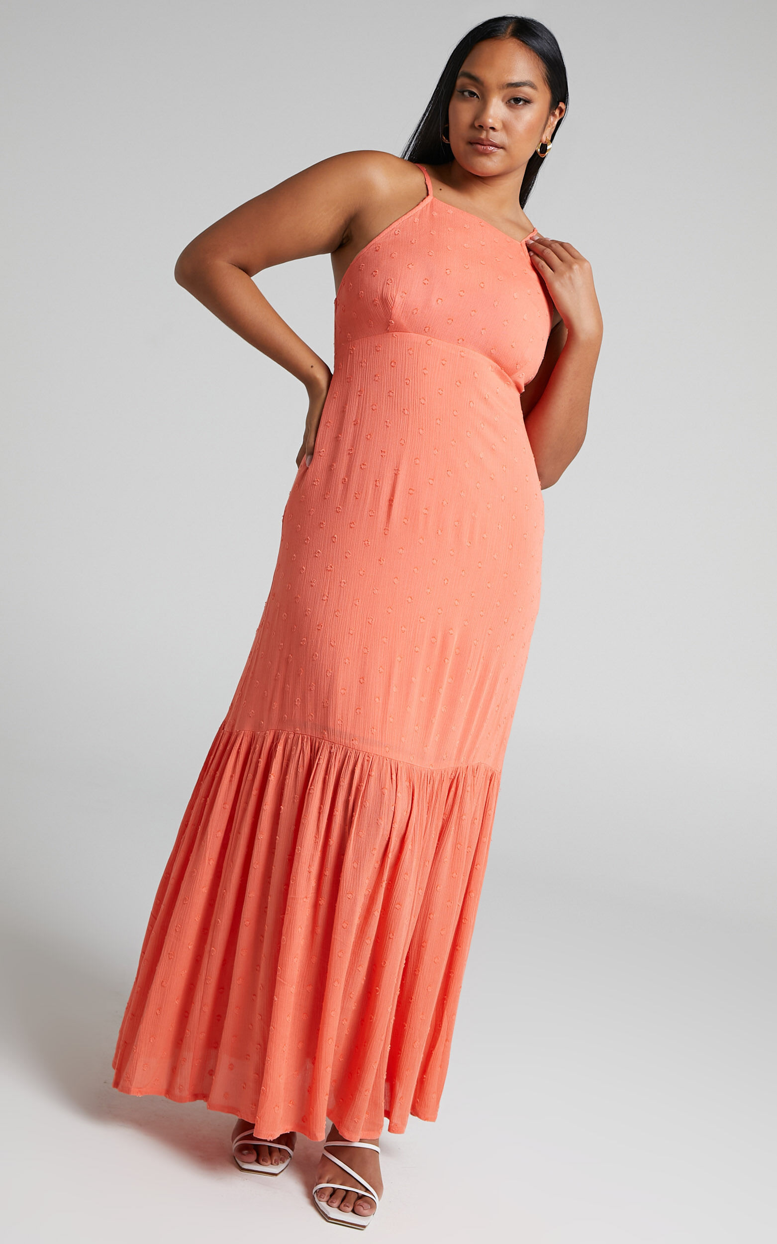 Cariele Strappy Tiered Dotted Maxi Dress in Coral - 06, PNK2, super-hi-res image number null