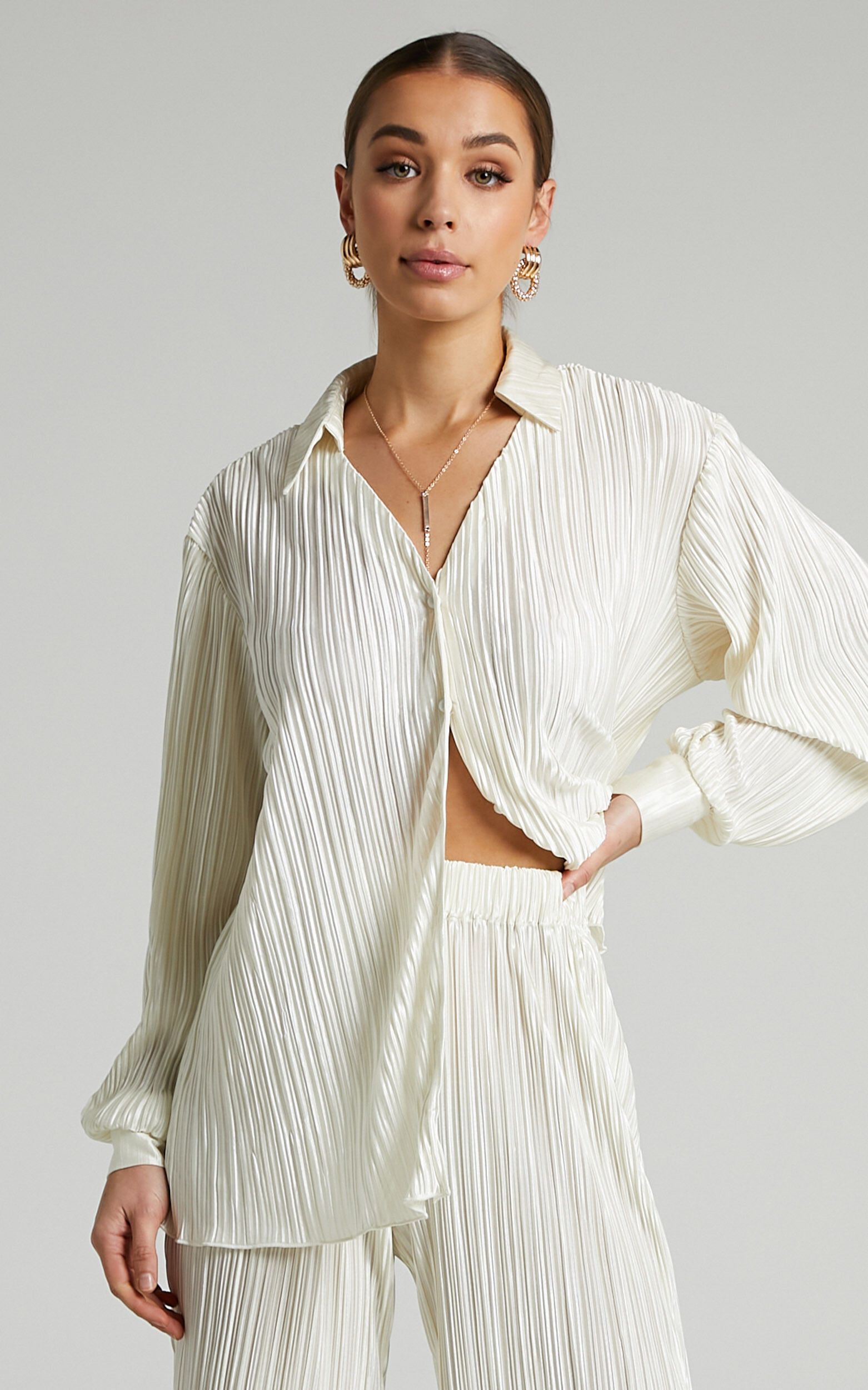 Beca Shirt - Plisse Button Up in Cream | USA