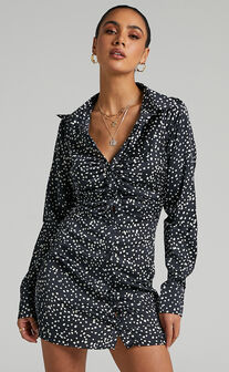 Bettie Collared Button Up Shirt Dress in Black And White Spot