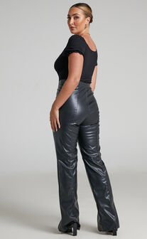 Evanthe High Waisted Split Front Faux Leather Trousers in Black