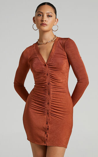 Shanti Ruched Button Front Mini Dress in Rust