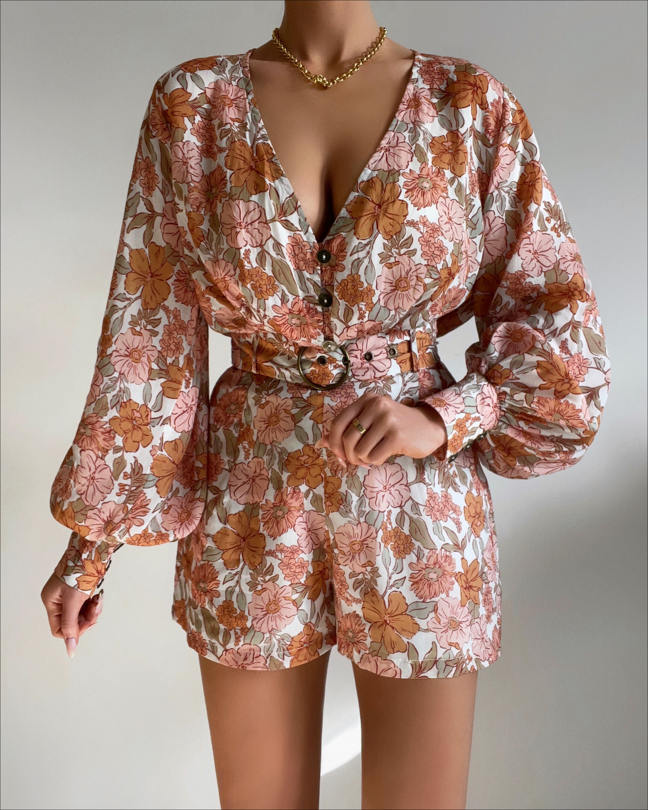 Amalie The Label - Lorete Belted Long Sleeve Playsuit in Wildflower Floral Print - 06, WHT1, super-hi-res image number null