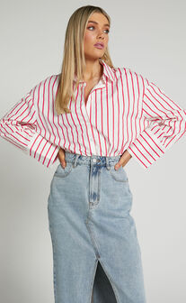 Anderson Top - Collared Long Sleeve Shirt in Red Stripe