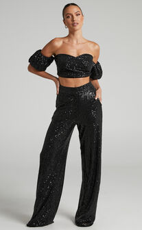Chezzale Sequin Puff Sleeve Top and Wide Leg Pants Two Piece Set in Black