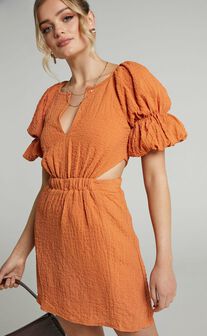 Robina Puff Sleeve Cut Out Mini Dress in Burnt Orange