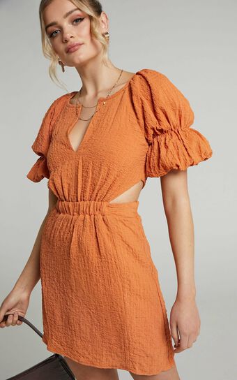 Robina Puff Sleeve Cut Out Mini Dress in Burnt Orange