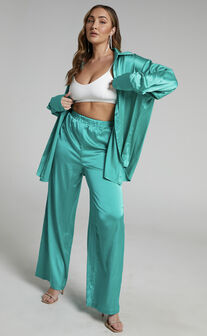 Trianna Oversized Shirt and Wide Leg Pant Satin Two Piece Set in Jade