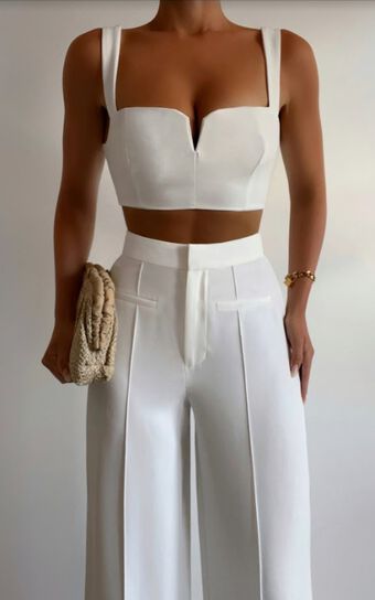 Maida Two Piece Set - V Front Crop Top and Wide Leg Pants Set in Ivory