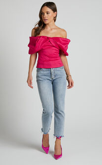 Marie Top - Off Shoulder Short Puff Sleeve in Hot Pink