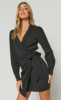 Immogen Mini Dress - Fixed Wrap Dress in Black