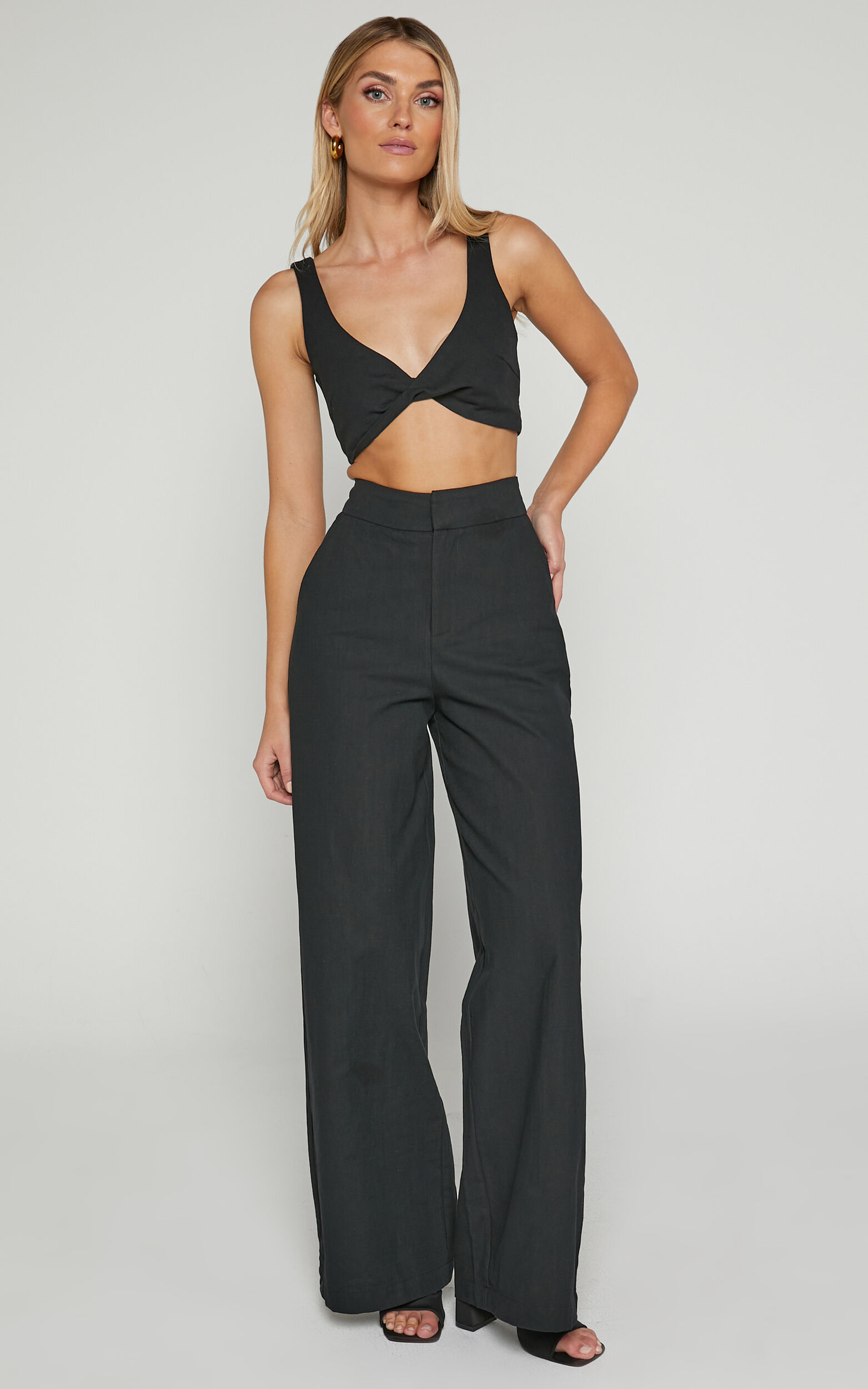 Kingston Two Piece Set - Twist Front Twill and Wide Leg Pants Set in Black - 06, BLK1