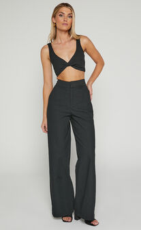 Kingston Two Piece Set - Twist Front Twill and Wide Leg Pants Set in Black