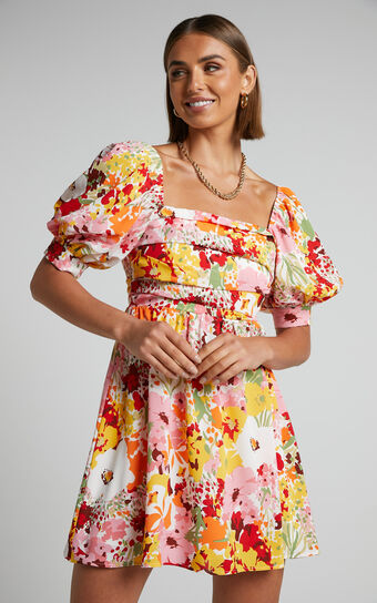 Neave Mini Dress - Puff Sleeve Pleated Bust Dress in Multi Floral
