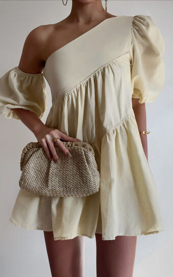 Harleen Mini Dress - Asymmetrical Trim Puff Sleeve Dress in Beige ...