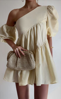 Harleen Mini Dress - Asymmetrical Trim Puff Sleeve Dress in Beige