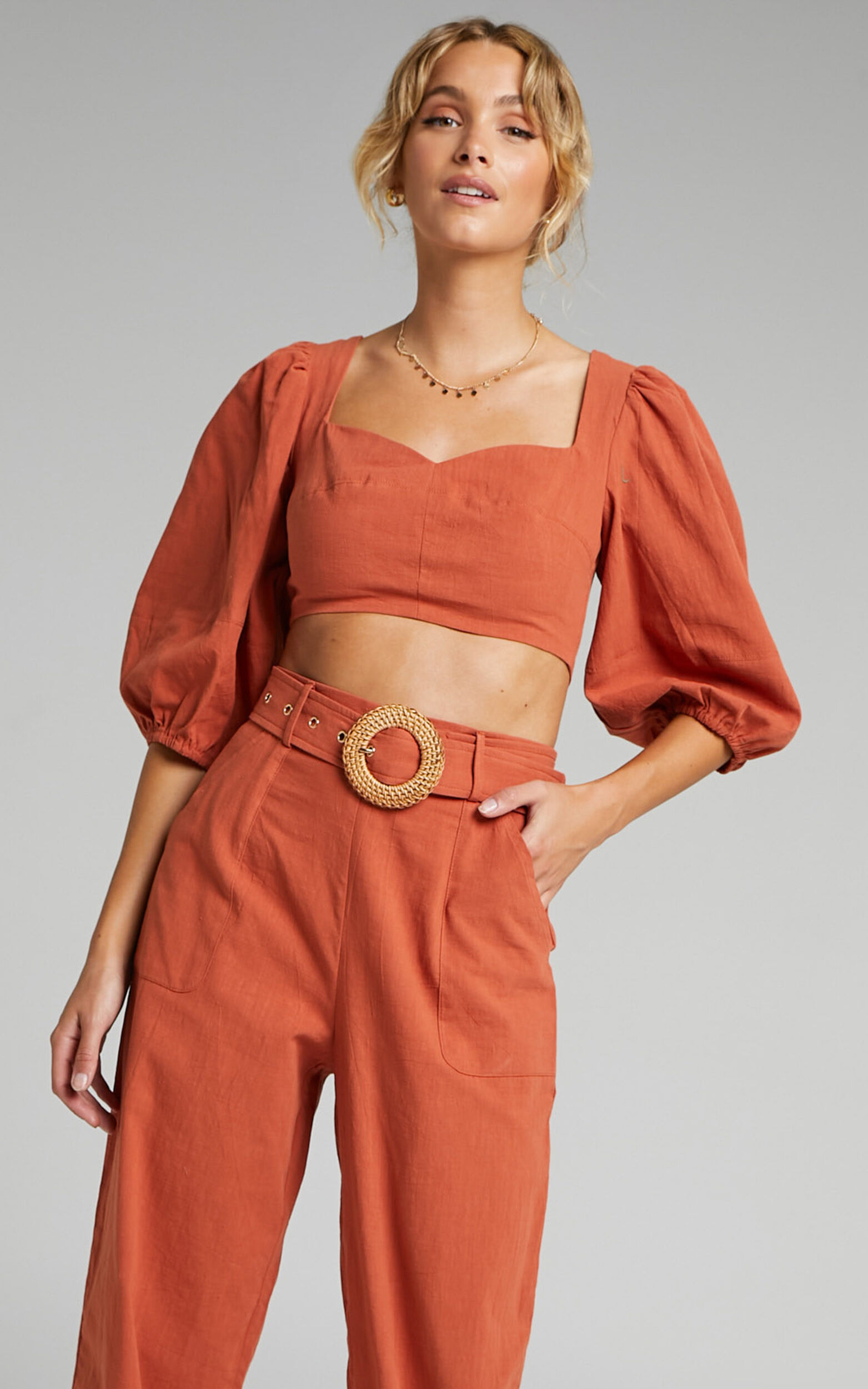 Amalie The Label - Ivy Cotton Puff Sleeve Open Tie Back Crop Top in Pink Clay - 06, BRN1, super-hi-res image number null
