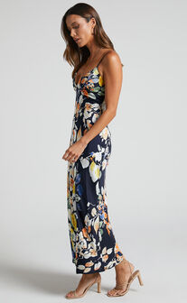 Jarrah Midi Dress - V Neck Thigh Split Slip Dress in Navy Floral