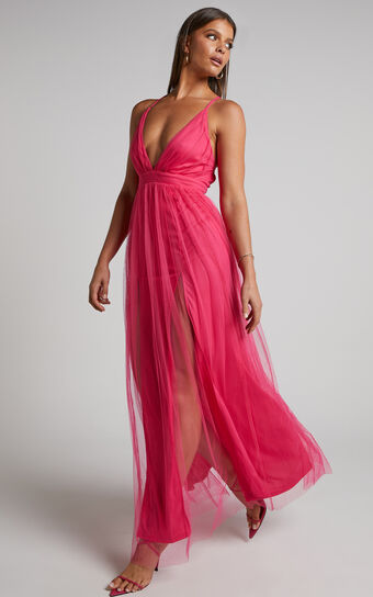 Like A Vision Midaxi Dress - Plunge Thigh Split Dress in Hot Pink