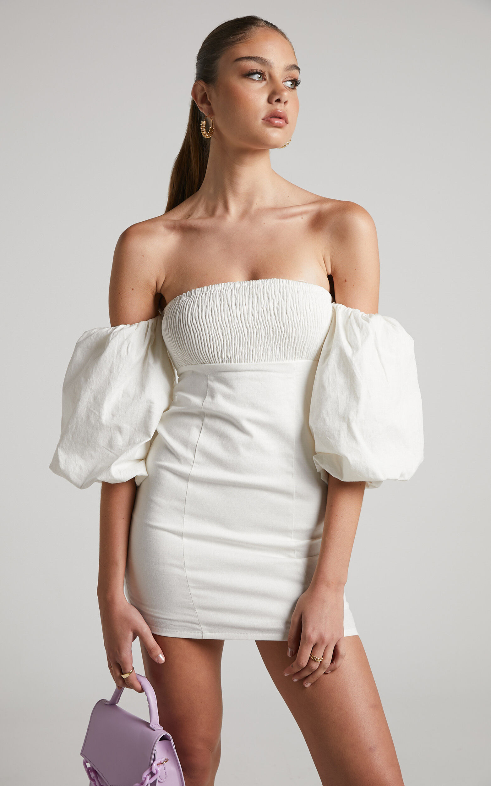 Steffie Mini Dress - Shirred Off Shoulder Puff Sleeve Bodycon Dress in White - 06, WHT1